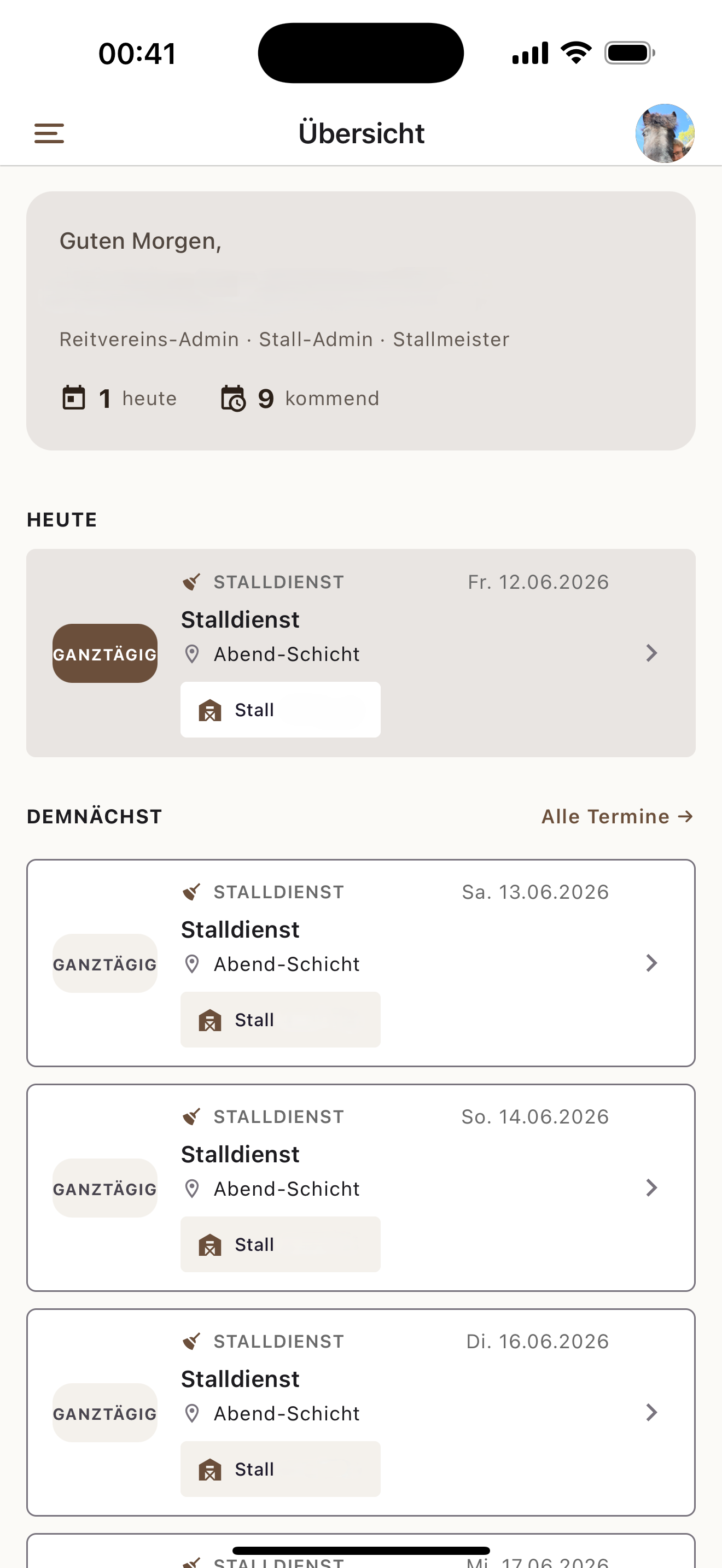 Equinora-App: Übersicht mit Terminen